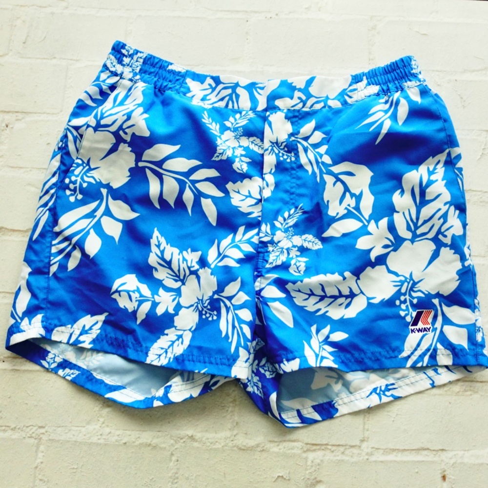 K-WAY Mens Swim Trunks Blue Size MEDIUM Hawaiian Floral + Pouch ITALY Beach